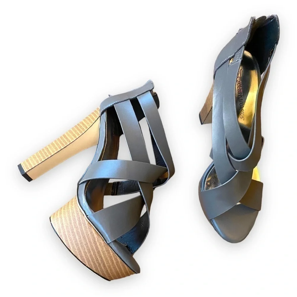 𝅺just Fab Hazel Gray and Brown Platform Heeled Sandals | Size 8.5